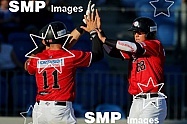 Perth heat celebrate runs on the board in the 5th inning PHOTO: James Worsfold / SMP IMAGES / Baseball Australia | Action from the Australian Baseball League 2019/20 Round 2 clash between the Perth Heat v Canberra Cavalry played at Perth Harley-David